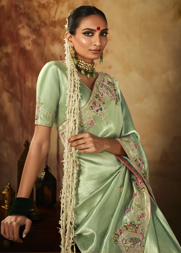 Light Green Kanjivaram Silk Saree with Embroidery Work