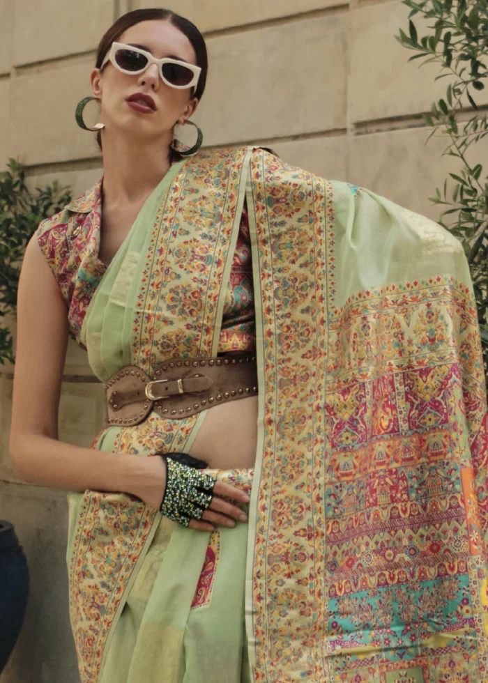 Light Green Kashmiri Jamawar Saree