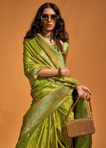 Lime Green Banarasi Satin Silk Saree