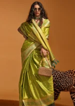 Lime Green Banarasi Satin Silk Saree