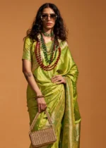 Lime Green Banarasi Satin Silk Saree