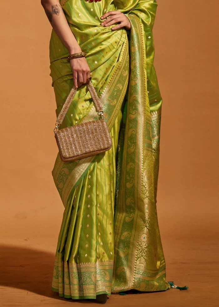 Lime Green Banarasi Satin Silk Saree