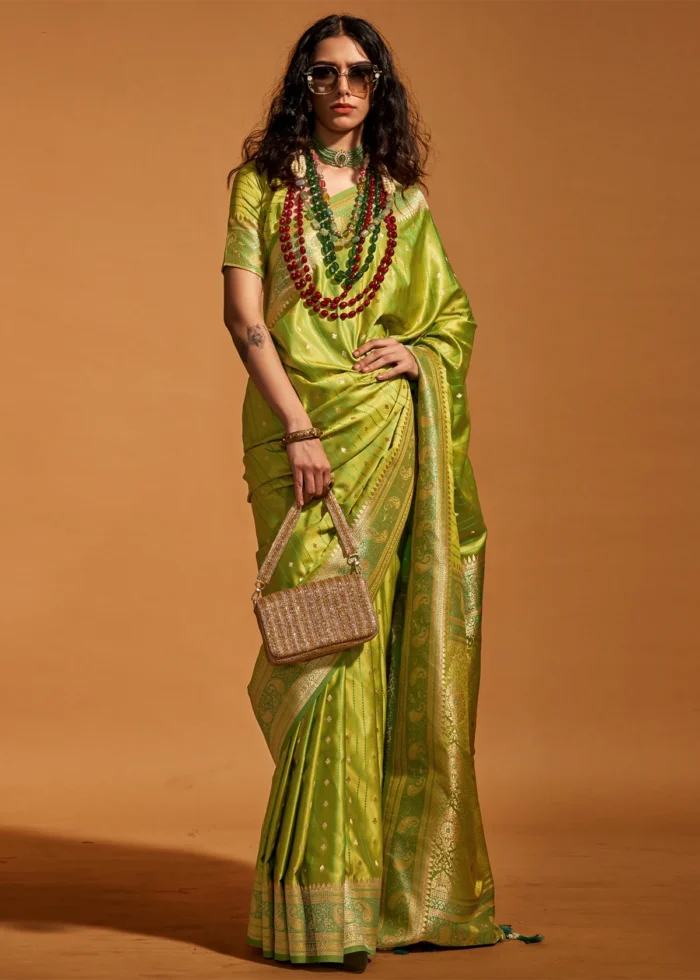 Lime Green Banarasi Satin Silk Saree