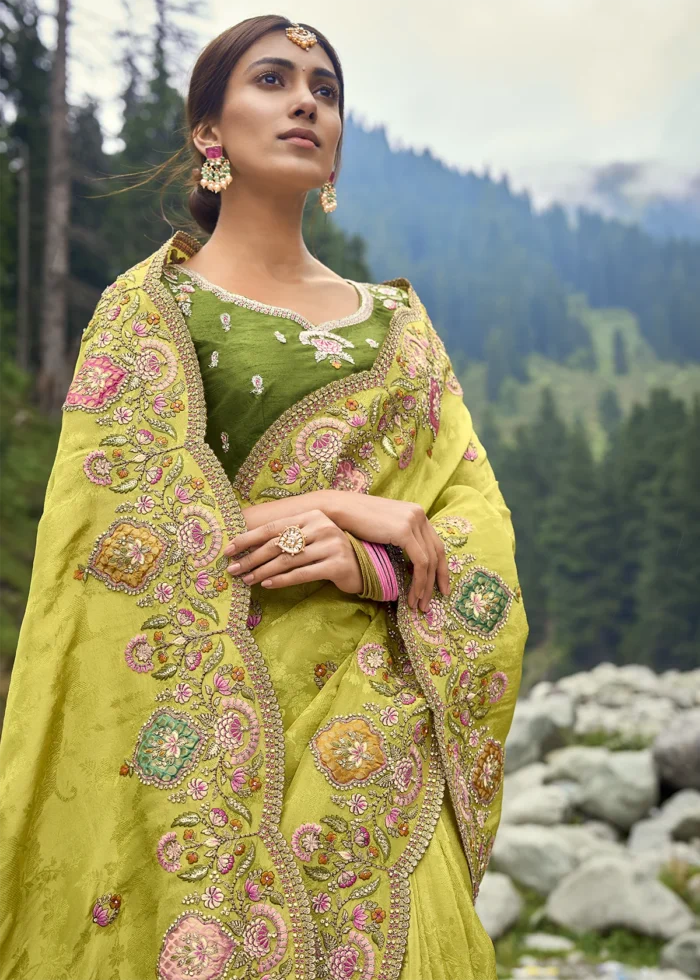 Lime Green Embroidered Silk Saree