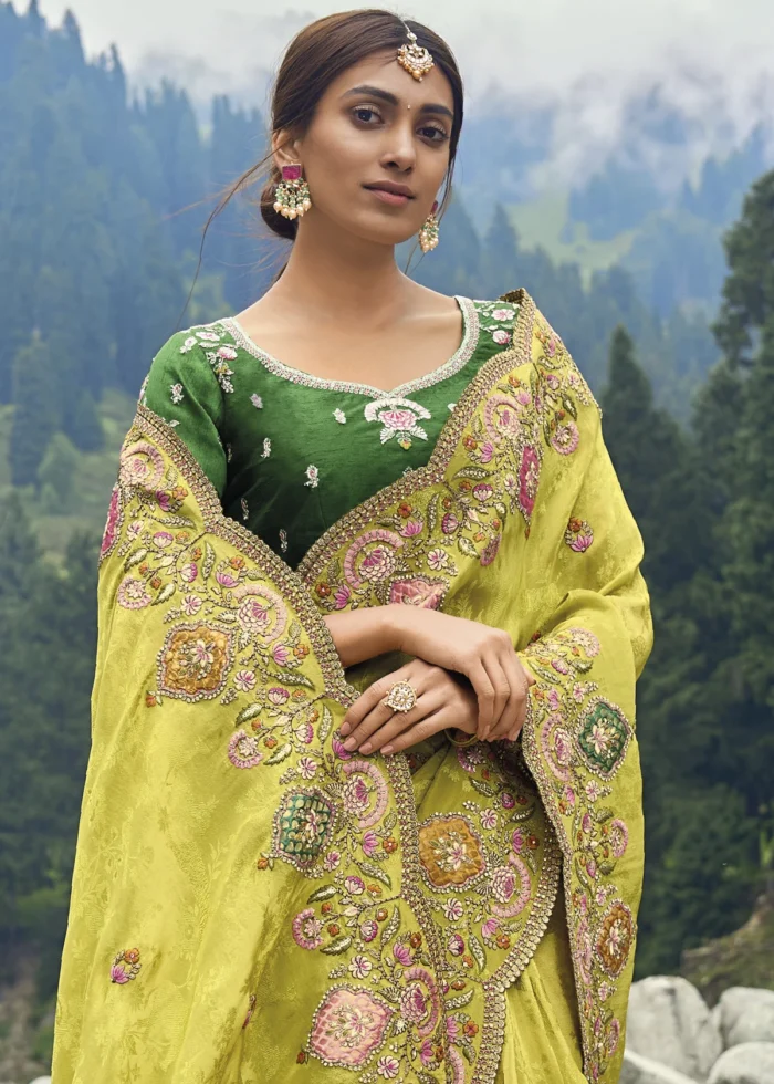 Lime Green Embroidered Silk Saree