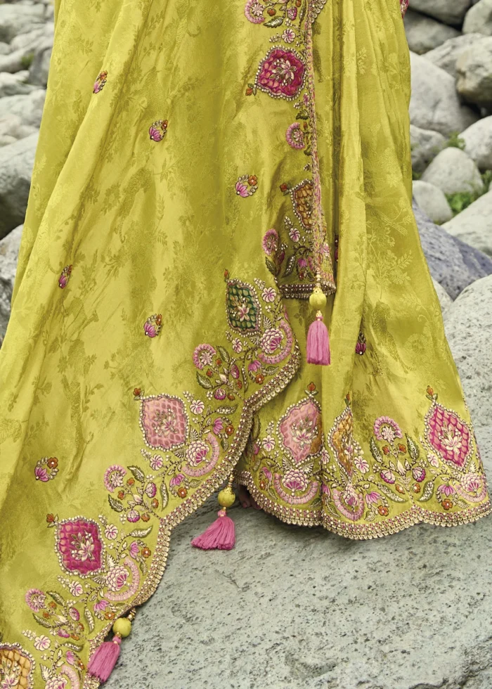 Lime Green Embroidered Silk Saree