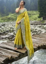 Lime Yellow Embroidered Silk Saree