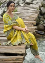 Lime Yellow Embroidered Silk Saree