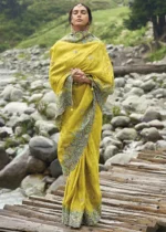 Lime Yellow Embroidered Silk Saree