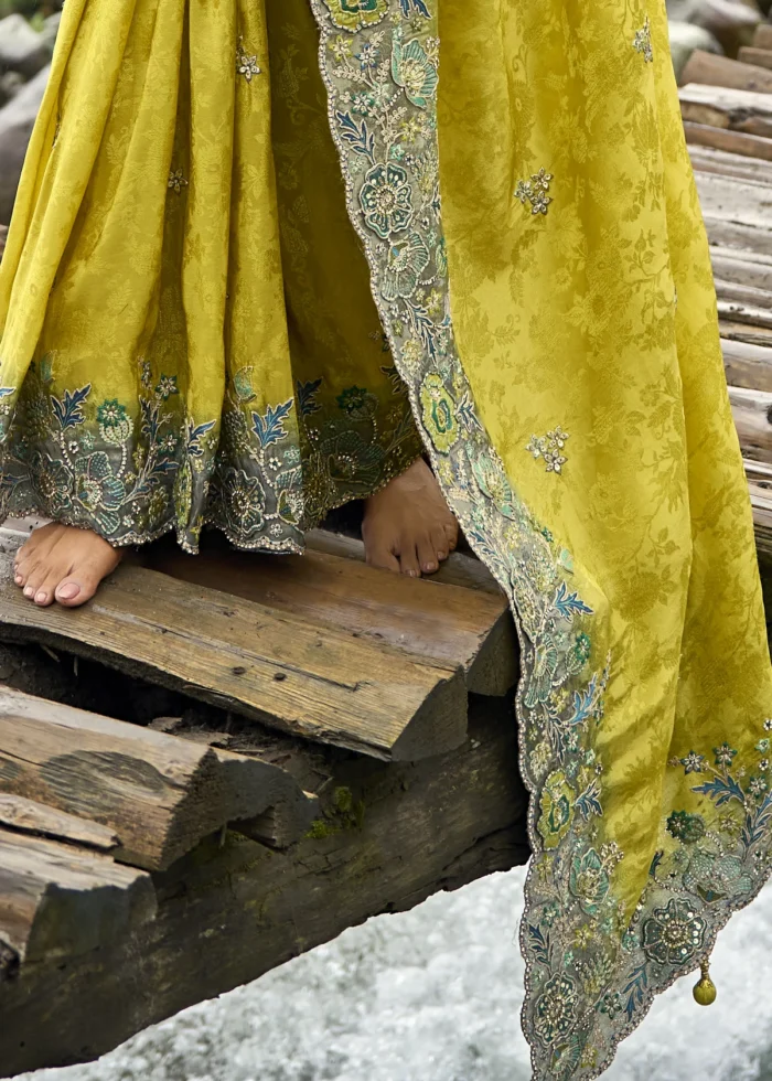 Lime Yellow Embroidered Silk Saree