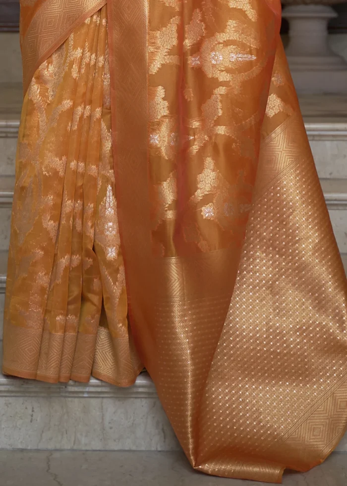 Marigold Orange Banarasi Organza Silk Saree