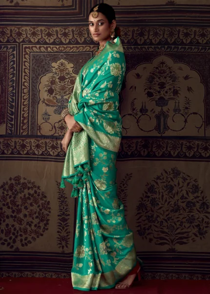 Mint Turquoise Georgette Silk Banarasi Saree with Meenakari