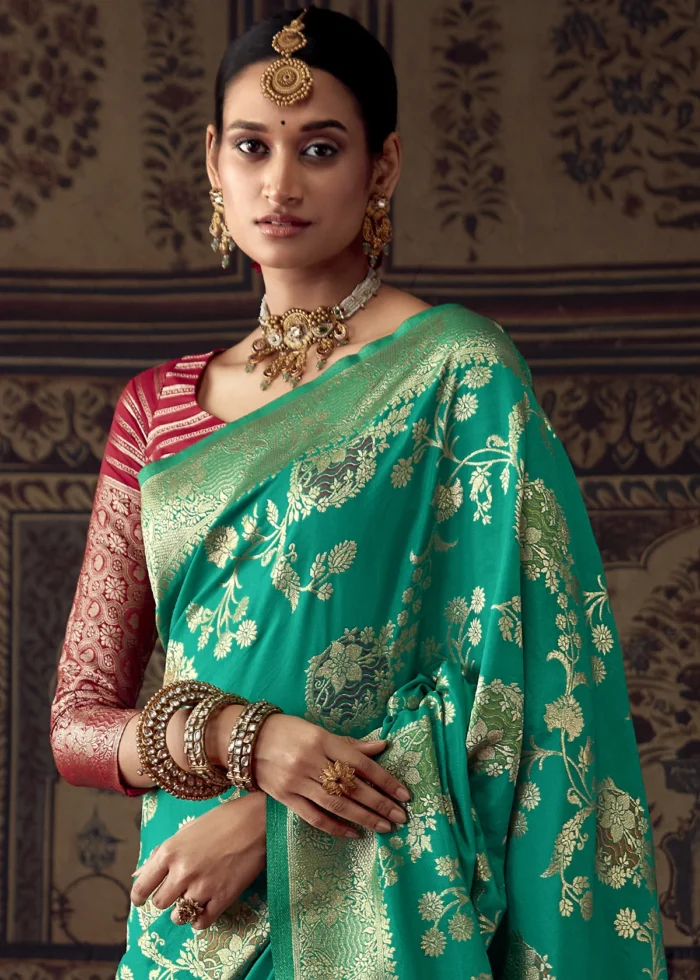 Mint Turquoise Georgette Silk Banarasi Saree with Meenakari