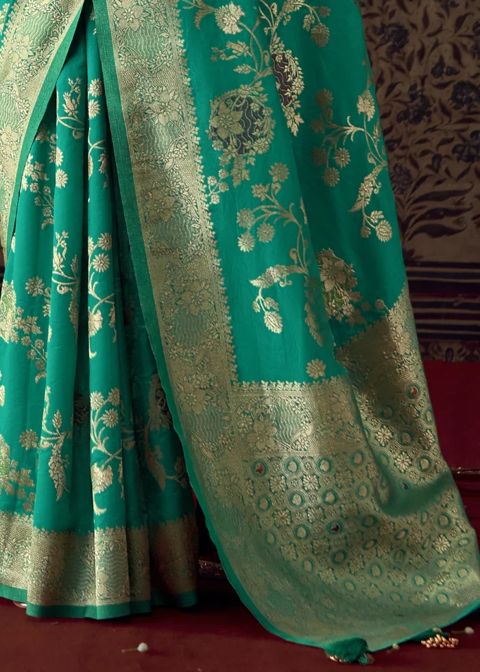 Mint Turquoise Georgette Silk Banarasi Saree with Meenakari