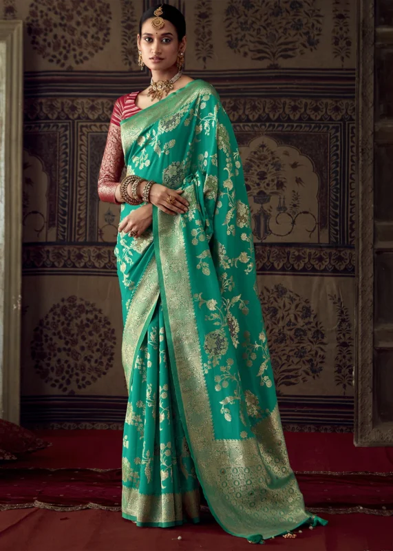 Mint Turquoise Georgette Silk Banarasi Saree with Meenakari