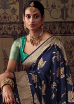 Navy Blue Georgette Silk Banarasi Saree with Meenakari