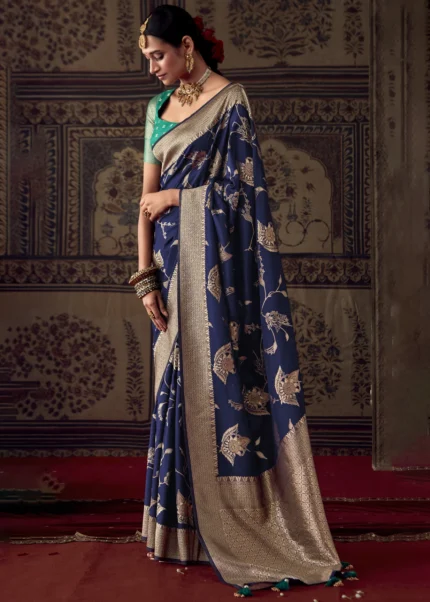 Navy Blue Georgette Silk Banarasi Saree with Meenakari