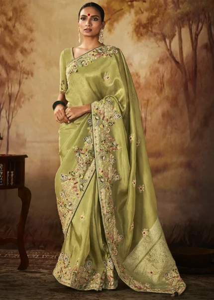 Olive Green Kanjivaram Silk Saree with Embroidery Work