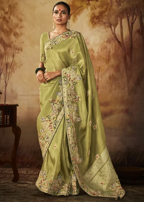 Olive Green Kanjivaram Silk Saree with Embroidery Work