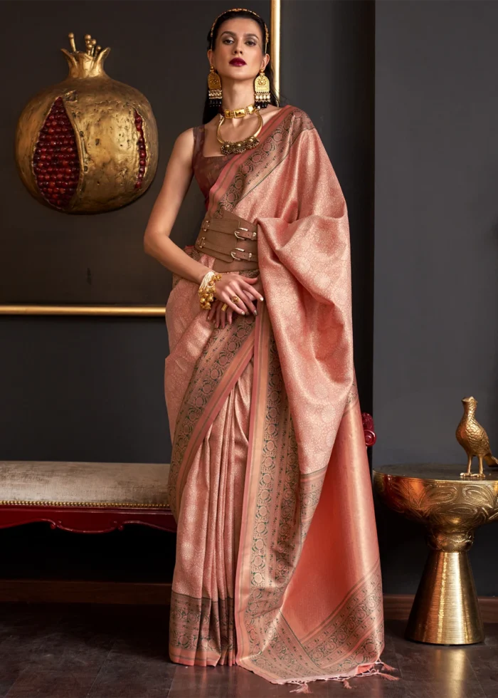 Peach Kanjivaram Saree with Contrast Blouse