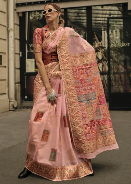 Peach Kashmiri Jamawar Saree