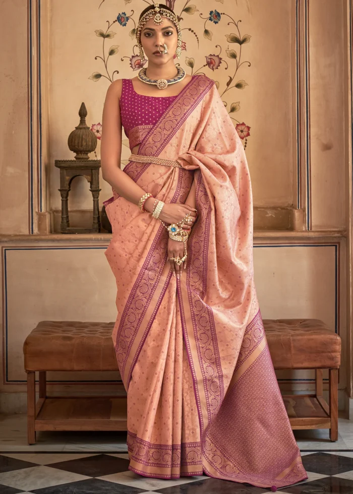 Peach and Magenta Banarasi Saree