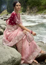 Peachy Pink Embroidered Silk Saree