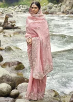 Peachy Pink Embroidered Silk Saree