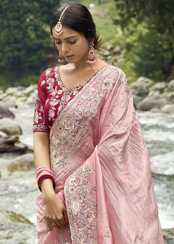 Peachy Pink Embroidered Silk Saree