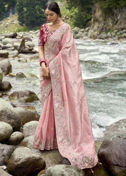 Peachy Pink Embroidered Silk Saree