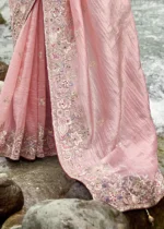 Peachy Pink Embroidered Silk Saree