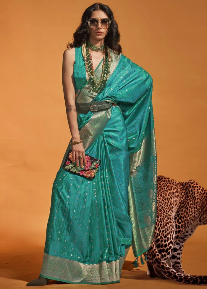 Peacock Blue Banarasi Satin Silk Saree