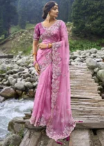 Pink Embroidered Organza Saree