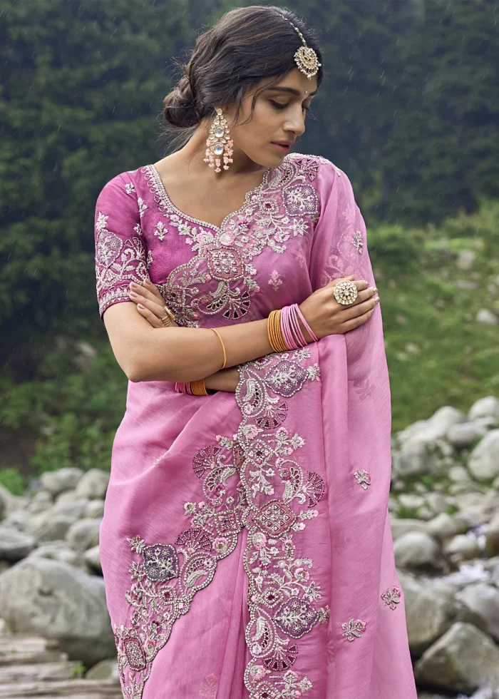 Pink Embroidered Organza Saree