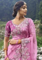 Pink Embroidered Organza Saree