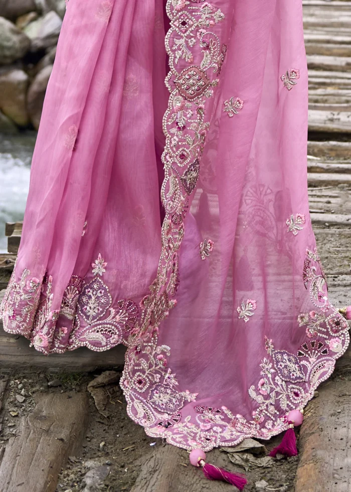 Pink Embroidered Organza Saree