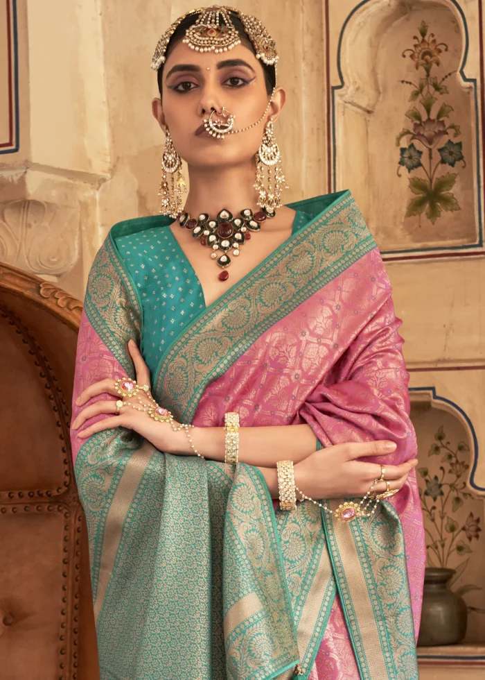 Pink and Turquoise Banarasi Saree