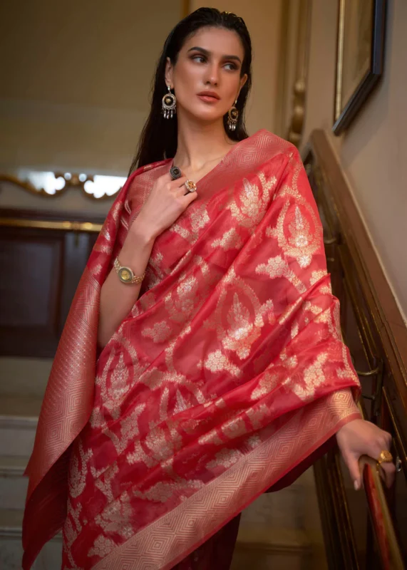 Poppy Red Banarasi Organza Silk Saree