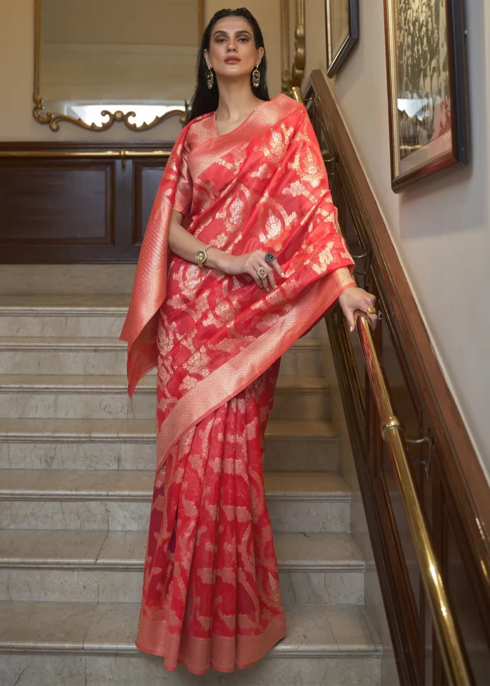 Poppy Red Banarasi Organza Silk Saree