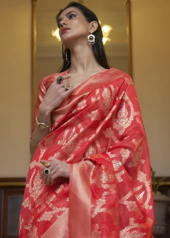 Poppy Red Banarasi Organza Silk Saree