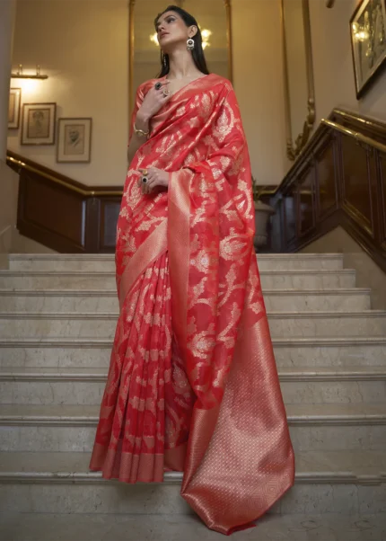 Poppy Red Banarasi Organza Silk Saree