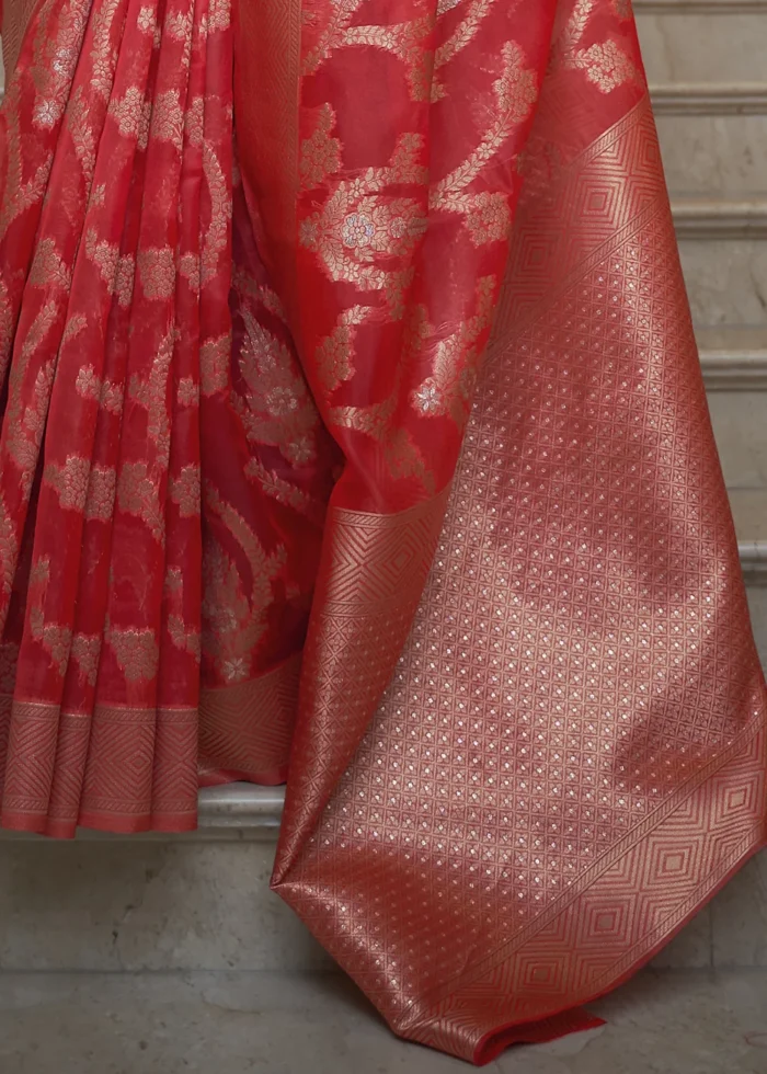 Poppy Red Banarasi Organza Silk Saree