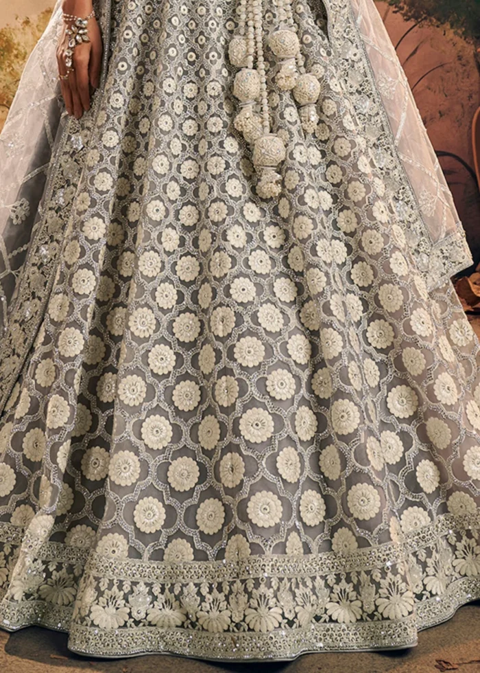 Ready to Wear Gray Embroidered Net Lehenga