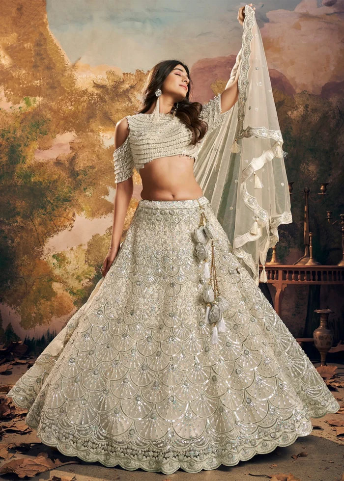 Ready to Wear Off White Embroidered Net Lehenga