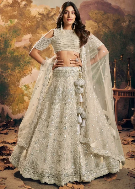 Ready to Wear Off White Embroidered Net Lehenga