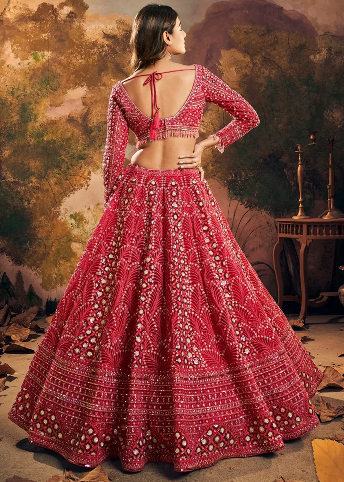 Ready to Wear Raspberry Red Embroidered Net Lehenga