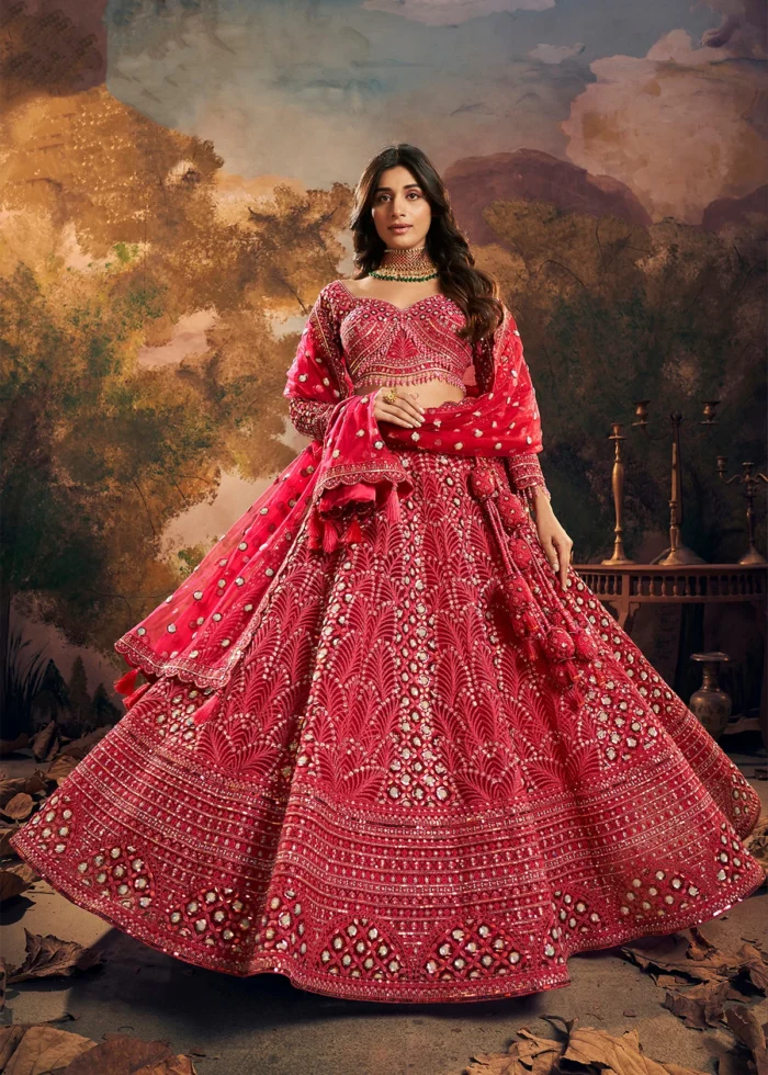 Ready to Wear Raspberry Red Embroidered Net Lehenga