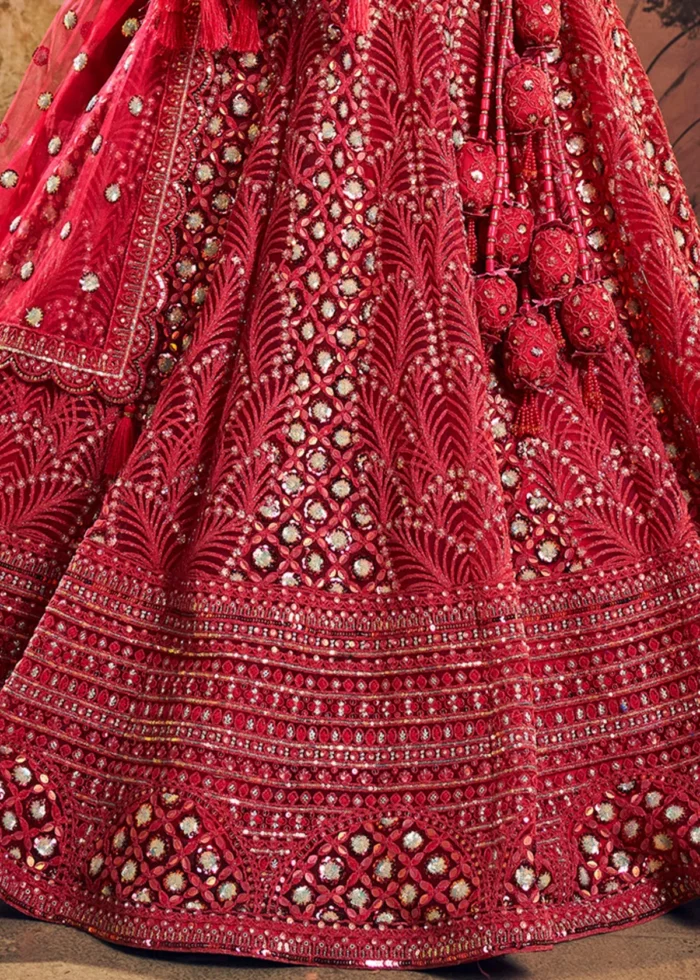 Ready to Wear Raspberry Red Embroidered Net Lehenga