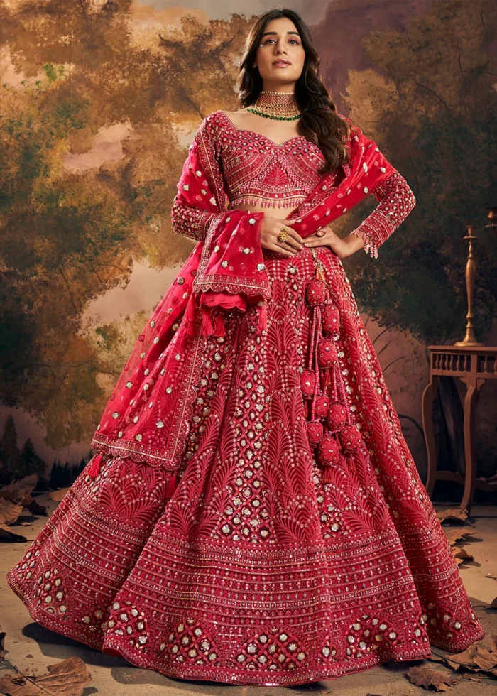 Ready to Wear Raspberry Red Embroidered Net Lehenga