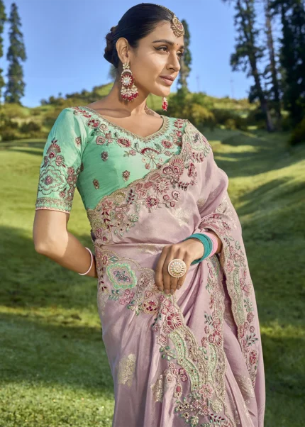 Rose Pink Embroidered Silk Saree